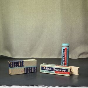 Vintage Alka-Seltzer Glass Bottle Full of Medicine Tablets Complete, Kleenex Box